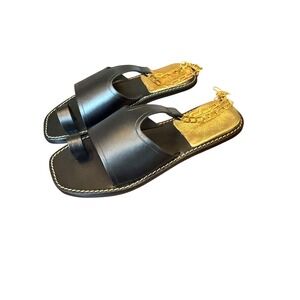 Sandro Chain Detail Toe Ring Sandals Black‎ Leather Slides Size 36 Size 6 NWT